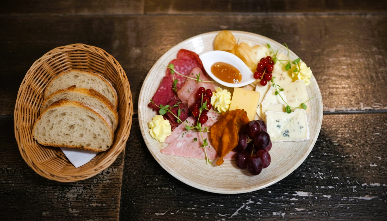 Nahaufnahme einer Platte mit aufgeschnittenem Schinken, Prosciutto, Tomaten und Gurken.