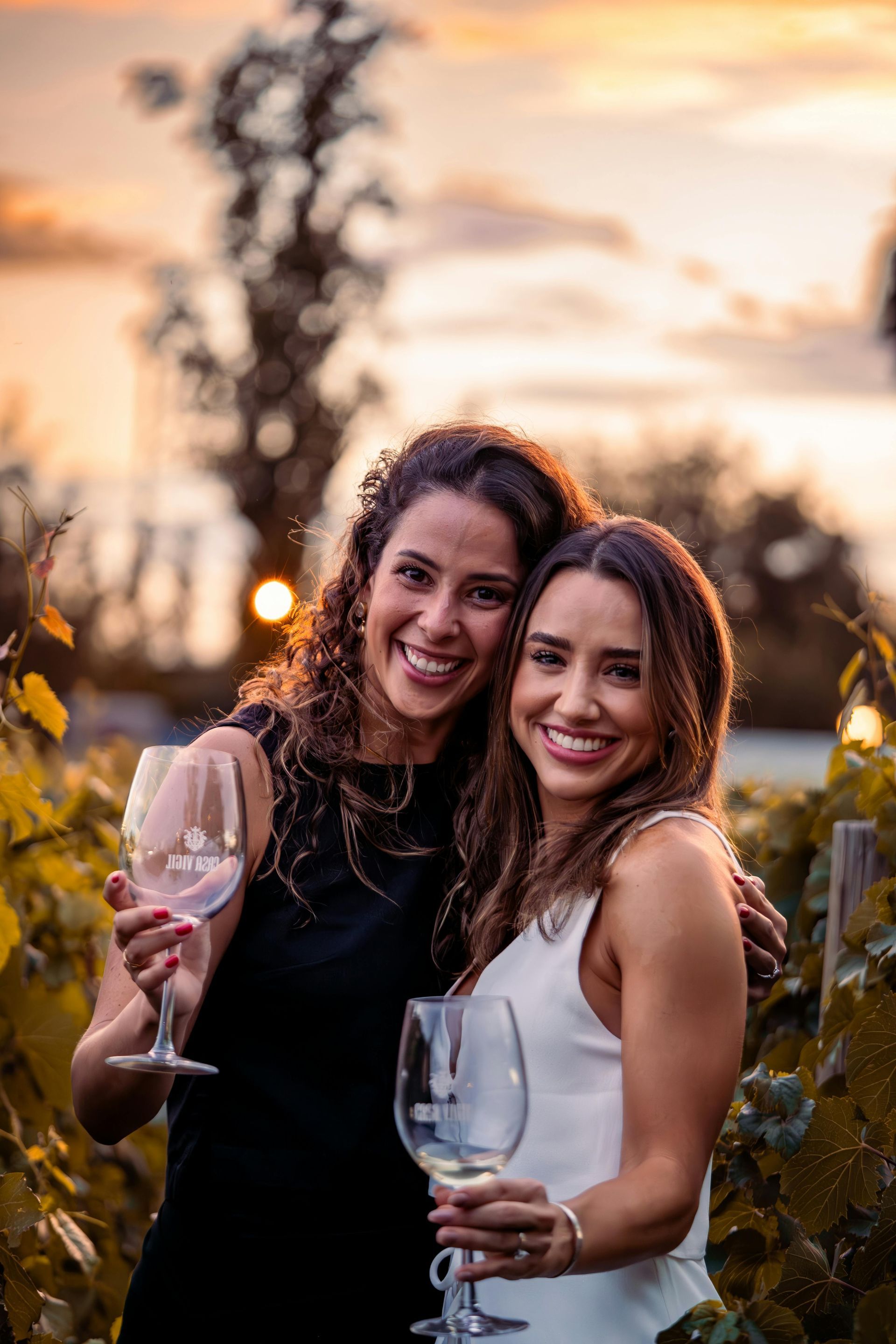 Zwei lächelnde Menschen mit Weingläsern in der Hand in einem Weinberg bei Sonnenuntergang.