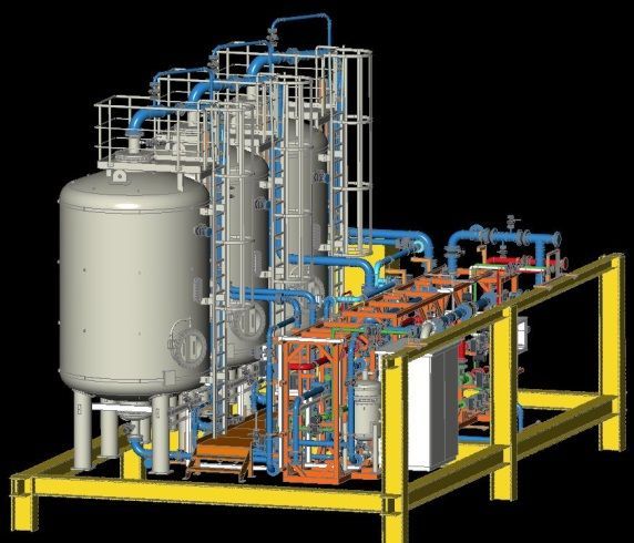 Ein komplexes Industriesystem mit Tanks, Rohren und Maschinen auf einem gelben Rahmen.