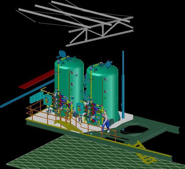 Grüne Tanks auf einer Plattform, auf der eine Person läuft. Überkopfstruktur.