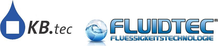 Logos für KB.tec und Fluidtec, mit einem blauen Tropfen mit einem weißen Quadrat, einem Globus mit einem Wirbel und Text.