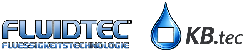 Logos f&uuml;r KB.tec und Fluidtec, mit einem blauen Tropfen mit einem wei&szlig;en Quadrat, einem Globus mit einem Wirbel und Text.