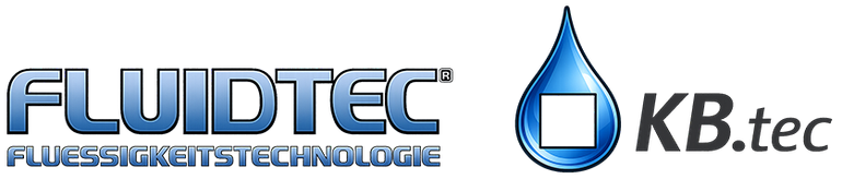 Logos für KB.tec und Fluidtec, mit einem blauen Tropfen mit einem weißen Quadrat, einem Globus mit einem Wirbel und Text.