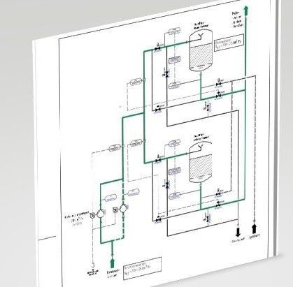Diagramm eines Systems mit Tanks, Rohren, Ventilen und Fließleitungen in Grün, das die Flüssigkeitsprozesssteuerung zeigt.