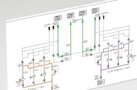 Schaltplan: veranschaulicht elektrische Verbindungen mit farbigen Linien, Kästchen und Symbolen.