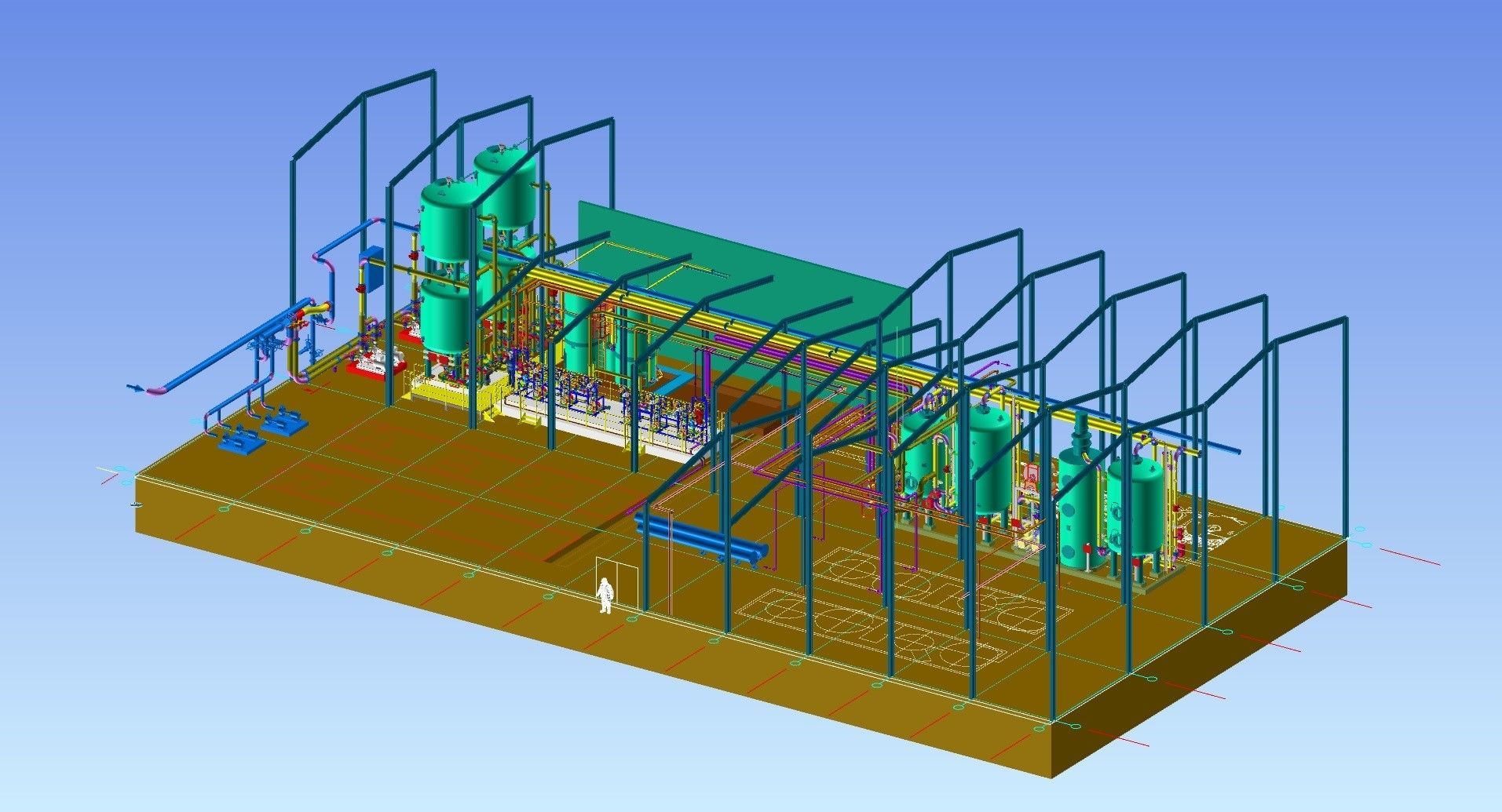 3D-Modell einer Industrieanlage auf einer braunen Plattform mit blauen Tanks, Rohren und Stützstrukturen.