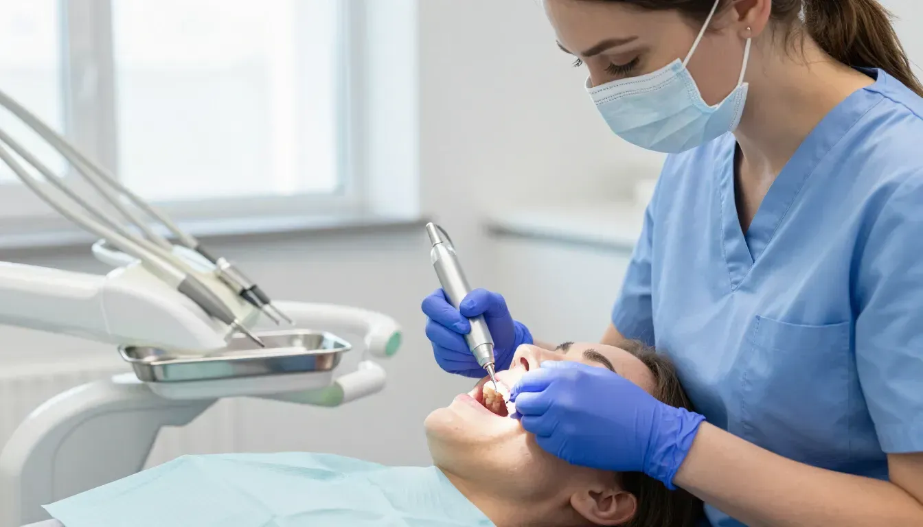 Higienista haciendo una limpieza dental profesional en clínica