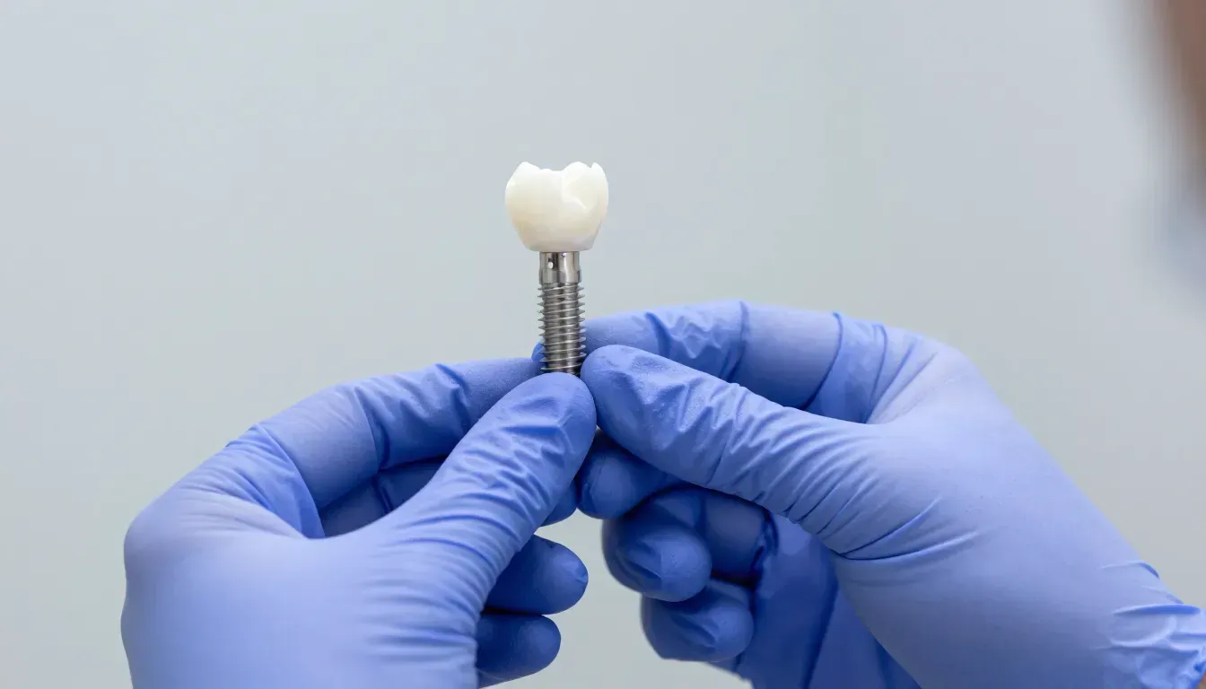 Implante dental: odont&oacute;logo mostrando un modelo con tornillo de titanio