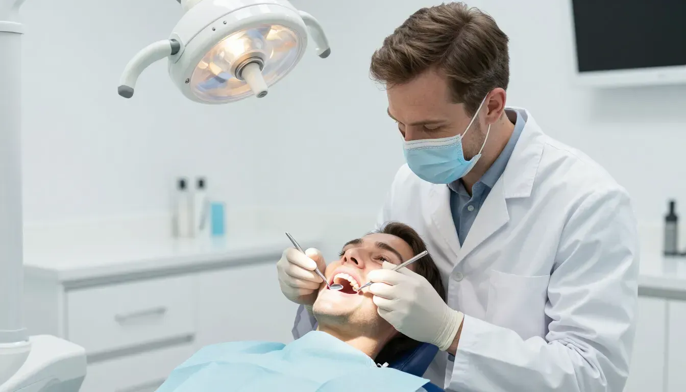 Odontóloga realizando revisión dental con espejo y luz clínica