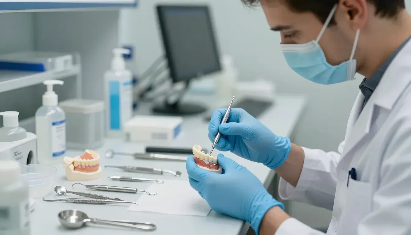 Prótesis dental: técnico dental ajustando una prótesis en laboratorio