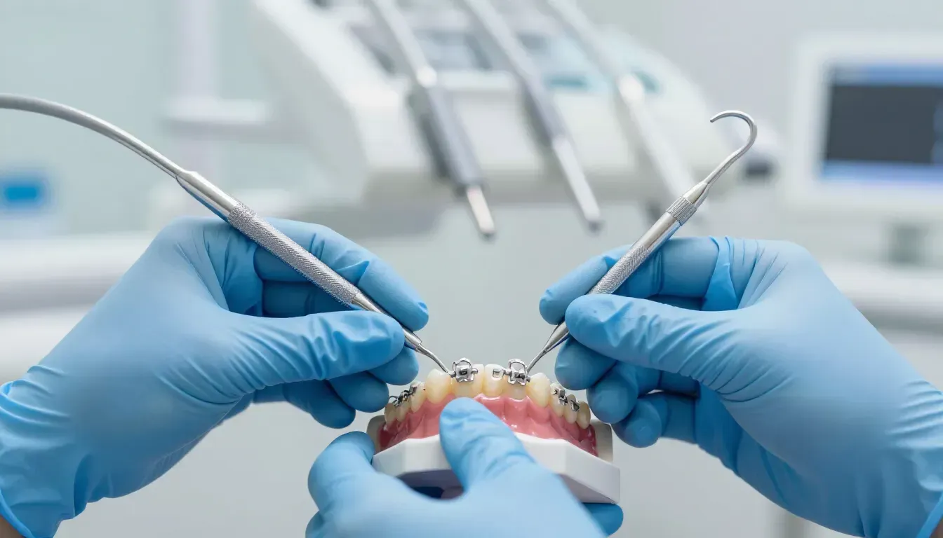 Ortodoncia: colocación de brackets con instrumental en clínica dental