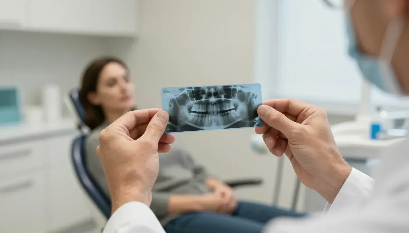 Radiografía dental en mano durante planificación de endodoncia (sin pantalla)