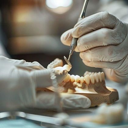 Un profesional con guantes utiliza un instrumento dental para ajustar una prótesis dental en un modelo dental.