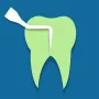 Un diente estilizado de color verde claro sobre un fondo azul, siendo examinado con un instrumento dental blanco.