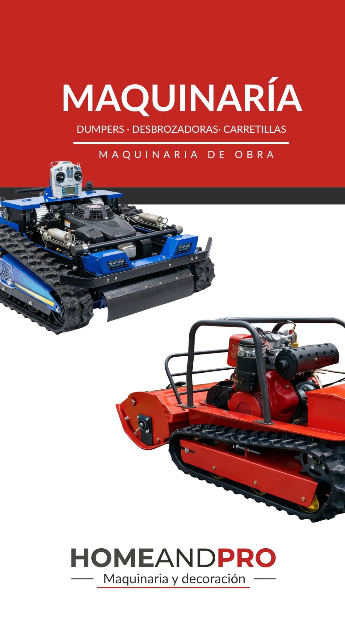 Un banner promocional de HomeAndPro que muestra maquinaria sobre orugas, incluyendo una cortadora de césped azul y una pieza de equipo roja.