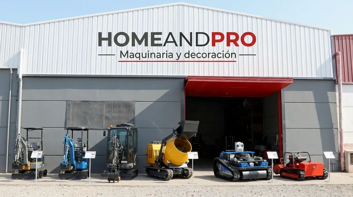 Una hilera de maquinaria de construcción, que incluía excavadoras y una hormigonera, se exhibía frente a un almacén de HomeAndPro.