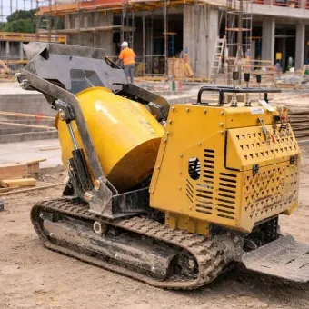 Una hormigonera amarilla sobre orugas con plataforma, situada en una obra en construcción con estructuras de edificios al fondo.