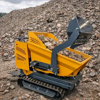 Un minivolquete amarillo sobre orugas con una pala de carga frontal elevada, estacionado sobre un montón de rocas rotas y escombros de construcción.