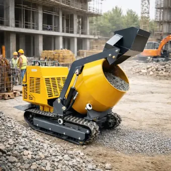 Una hormigonera amarilla montada sobre orugas con una pala de carga elevada en una obra de construcción, con trabajadores al fondo.