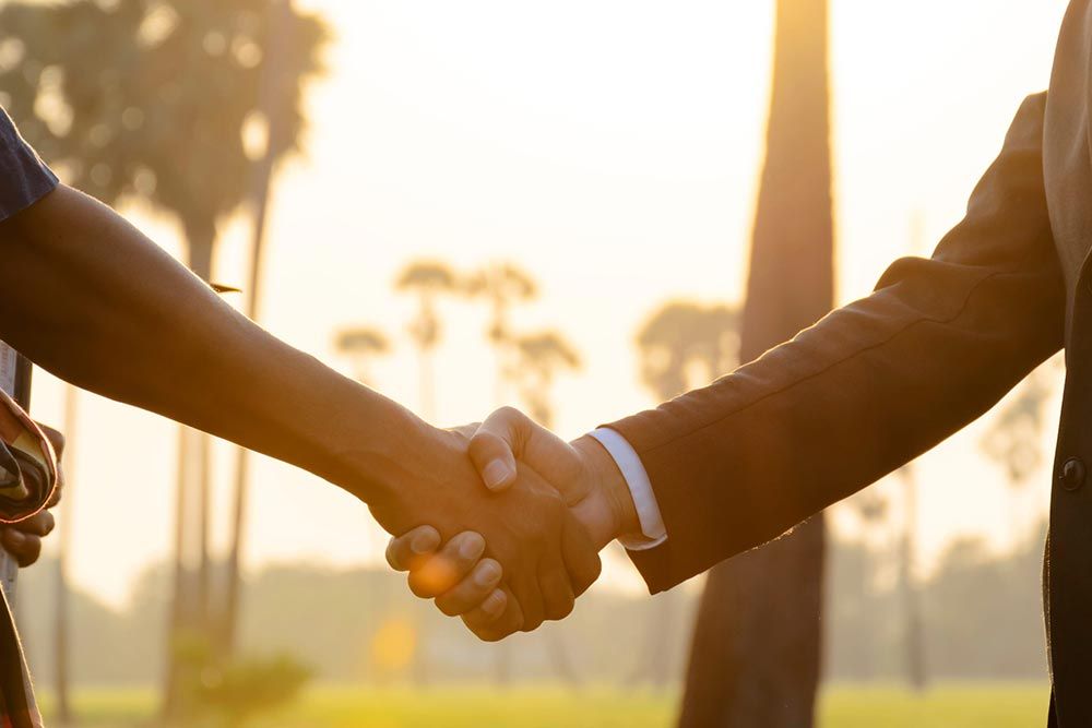 Dos personas con traje dándose la mano al aire libre al atardecer, con palmeras de fondo.