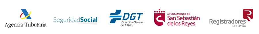 Logos de Agencia Tributaria, Seguridad Social, DGT, San Sebastián de los Reyes y Registradores.