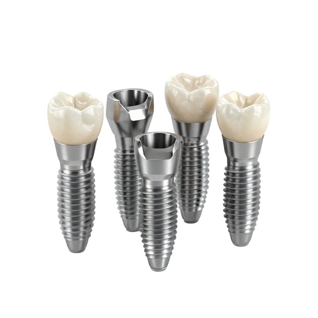 Cuatro implantes dentales con coronas blancas sobre un fondo blanco