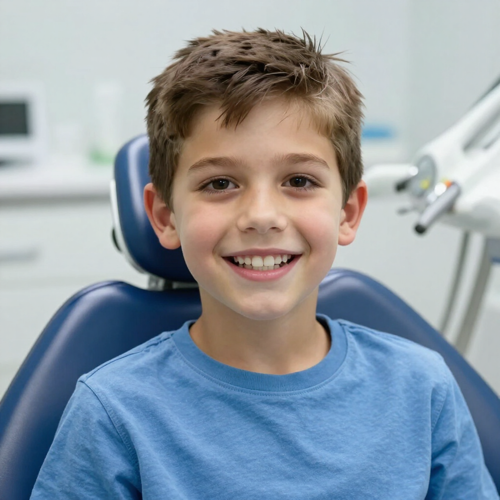 Un niño sonriente con una camiseta azul sentado en un sillón dental, con equipos de clínica al fondo