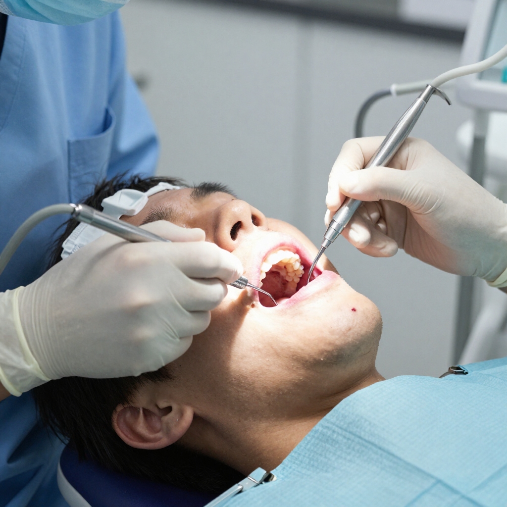 Un dentista utiliza instrumentos para tratar a un paciente con la boca abierta en una clínica dental