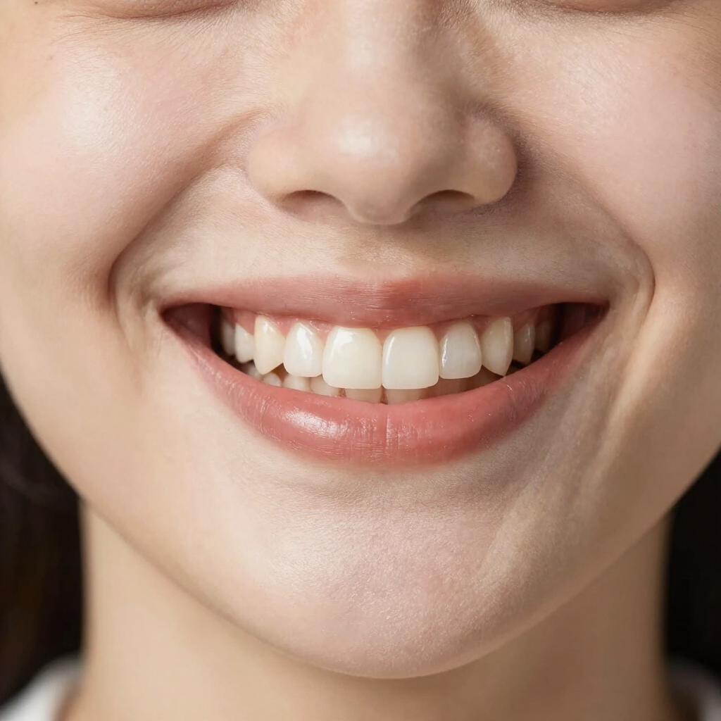 Primer plano de una boca sonriente con dientes blancos y labios rosados