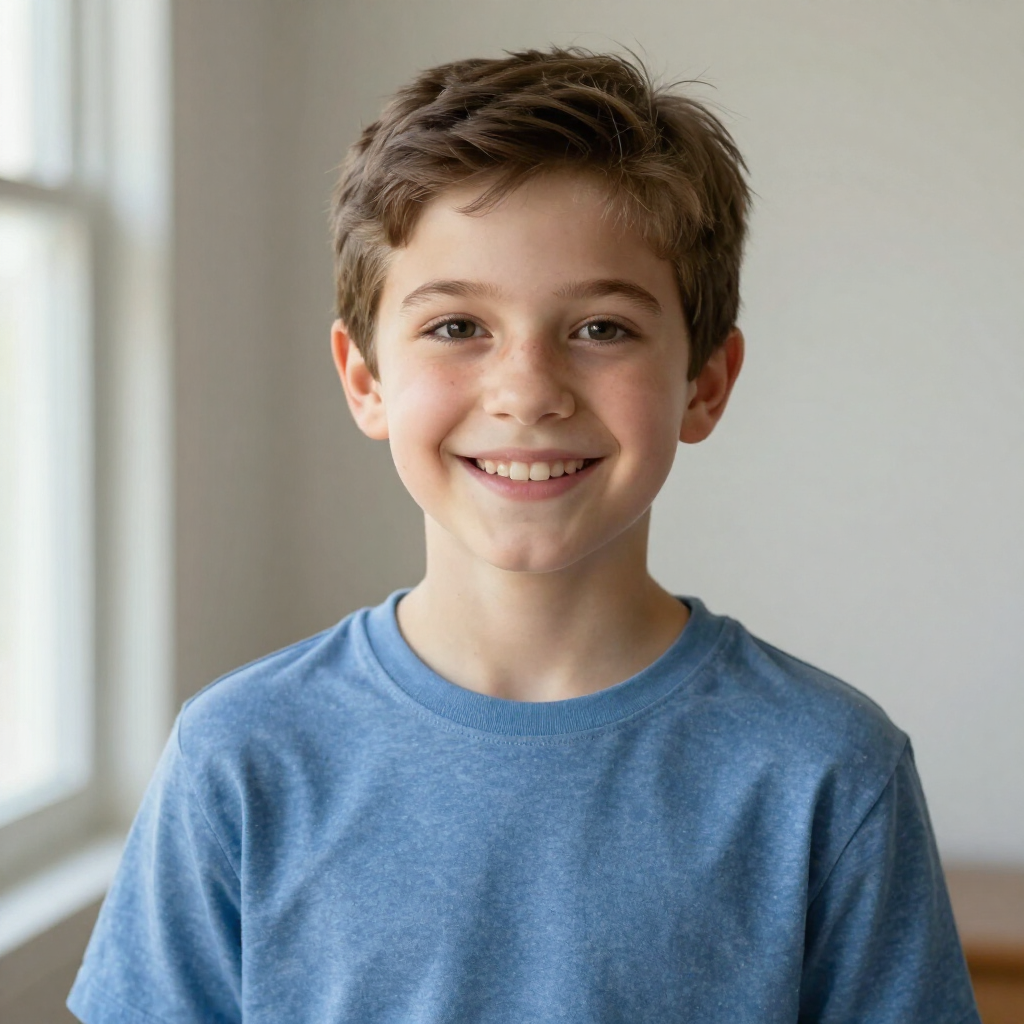 Niño sonriente con una camisa azul, de pie junto a una ventana luminosa en el interior