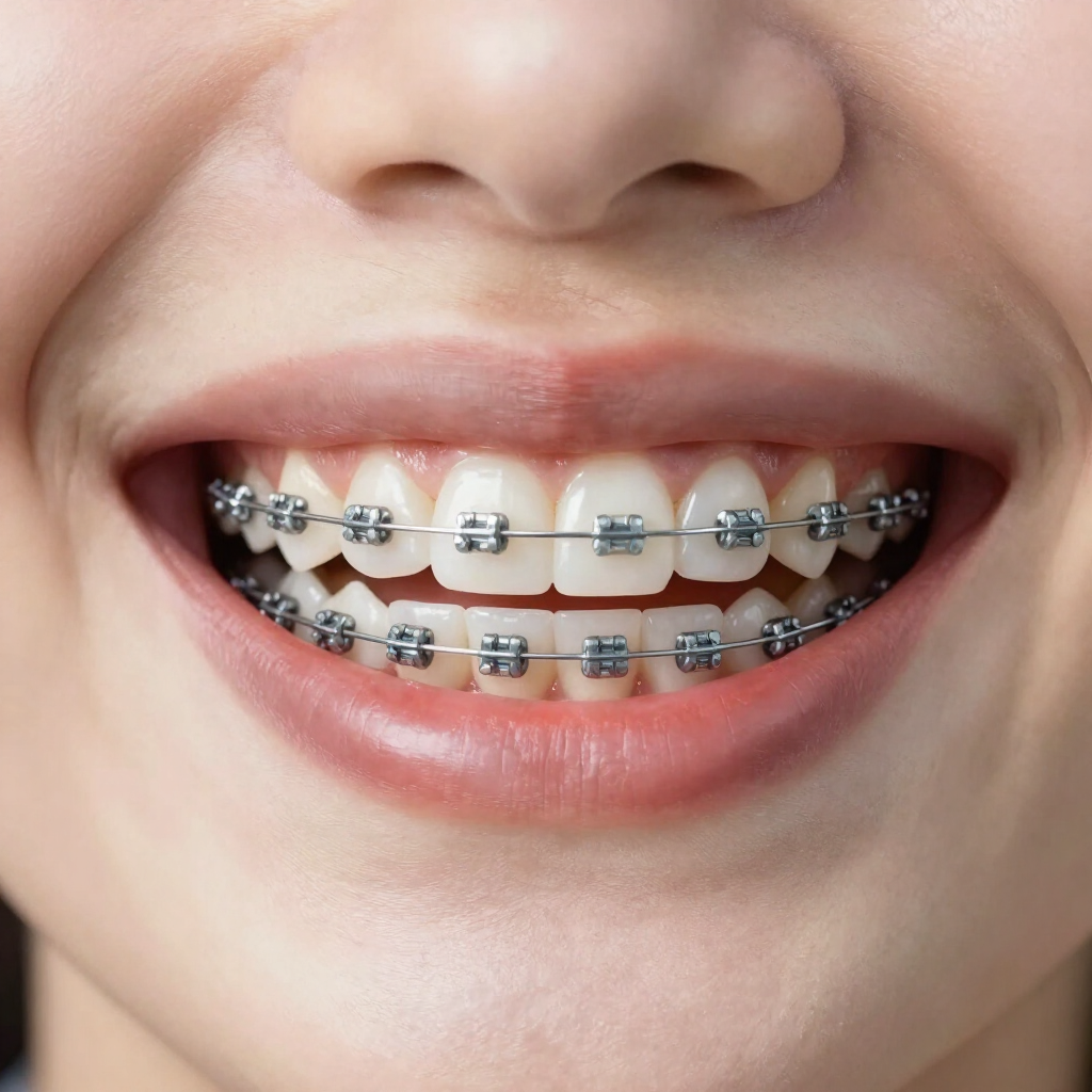 Primer plano de una boca sonriente con brackets metálicos en los dientes superiores e inferiores
