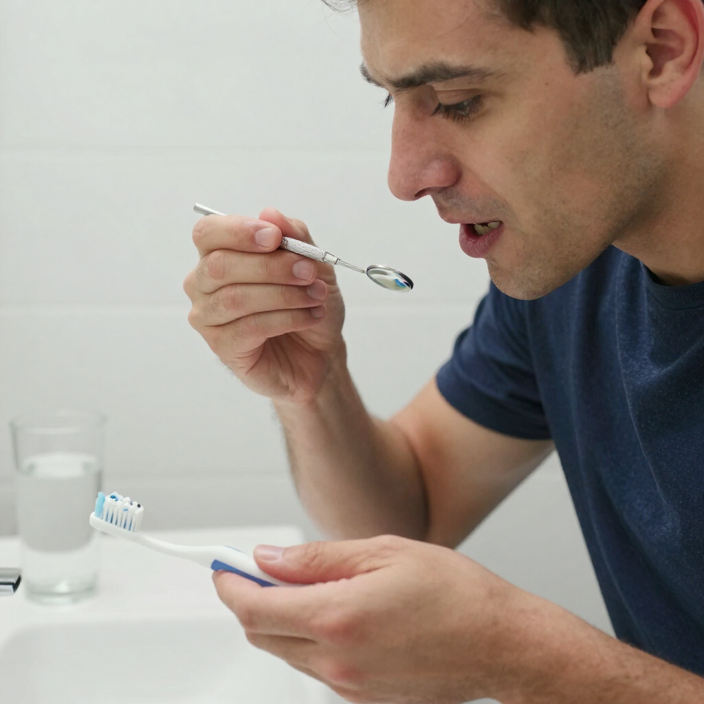 Un hombre cepillándose los dientes con pasta dental frente al lavabo, sosteniendo una cuchara cerca de la boca