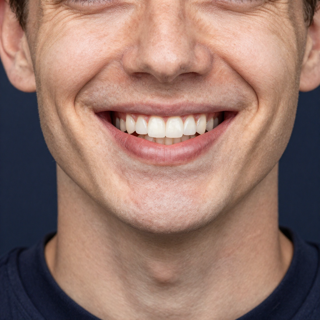 Primer plano de una persona sonriente, con los dientes visibles, sobre un fondo azul oscuro