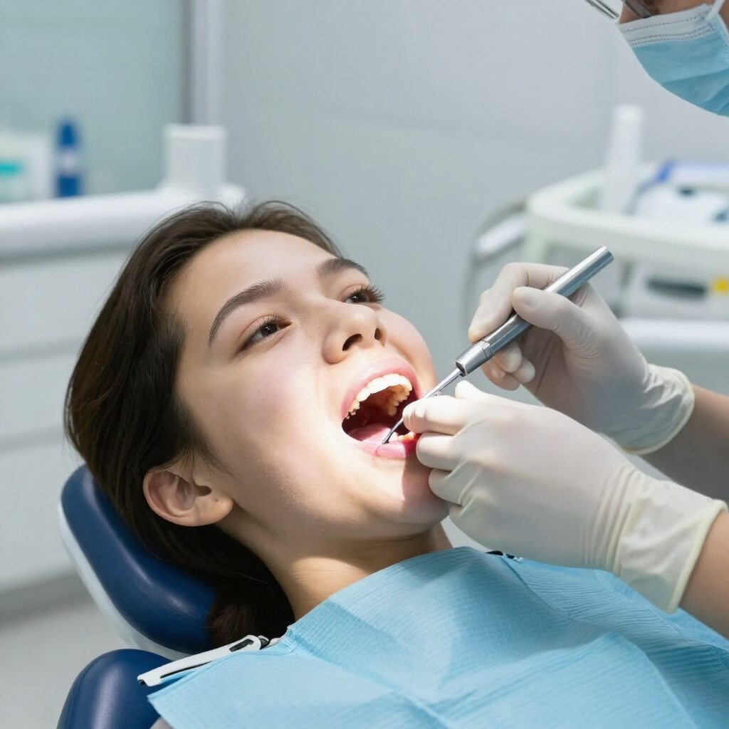 Dentista atendiendo a una paciente en un sillón dental, con instrumentos en la boca