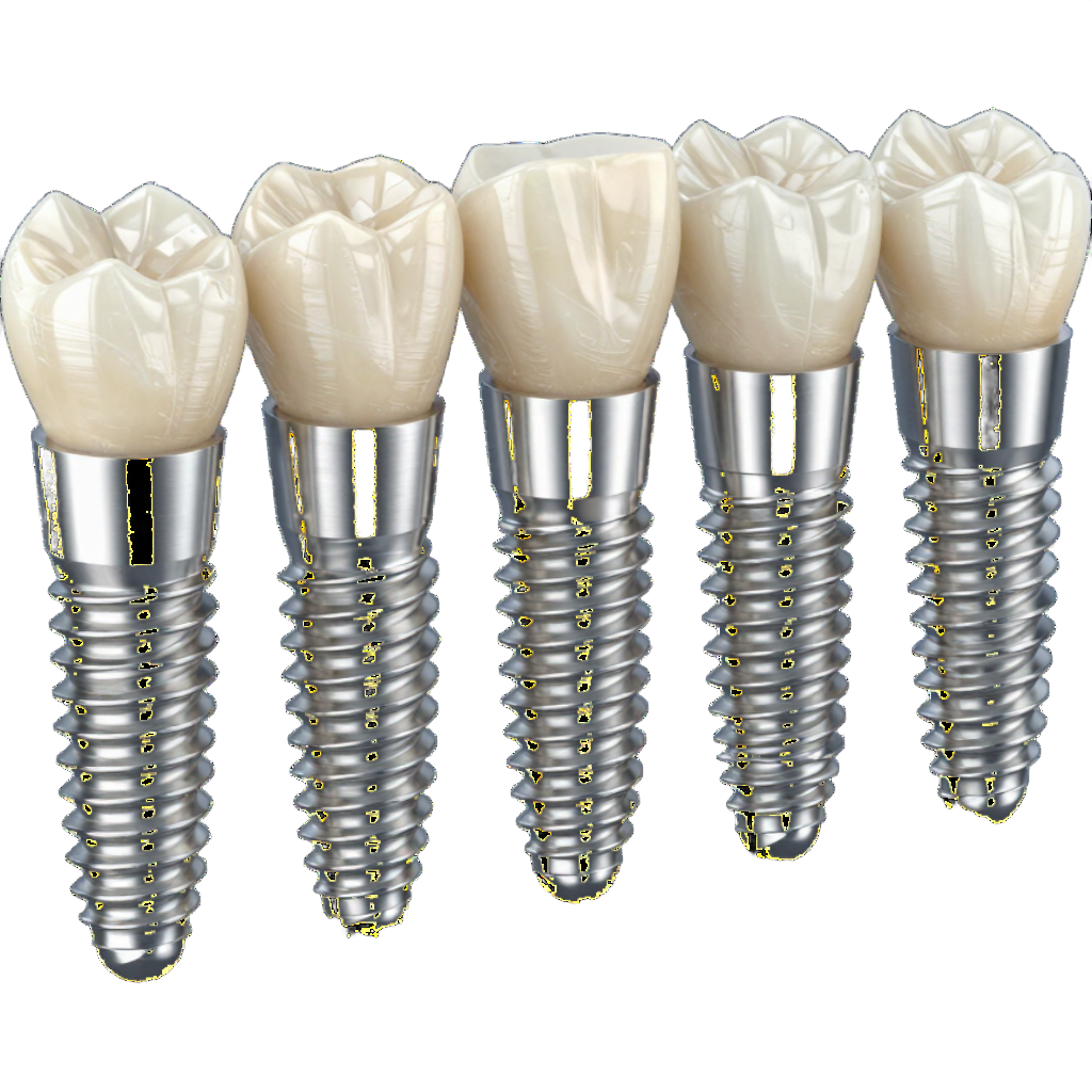 Cinco implantes dentales con dientes protésicos blancos alineados en fila sobre un fondo blanco
