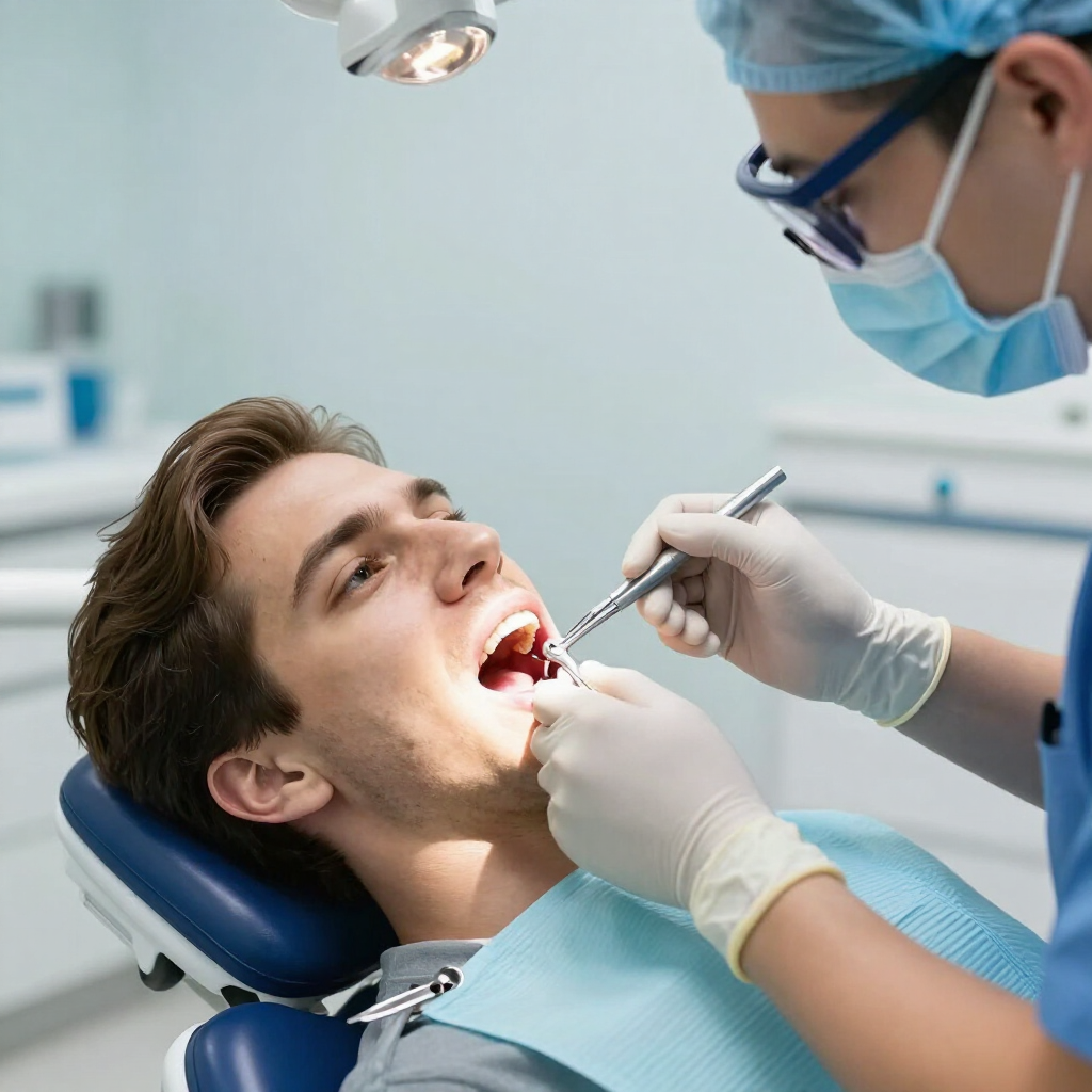 Dentista atendiendo a un paciente en un sillón dental, con instrumental y una luz intensa sobre la cabeza