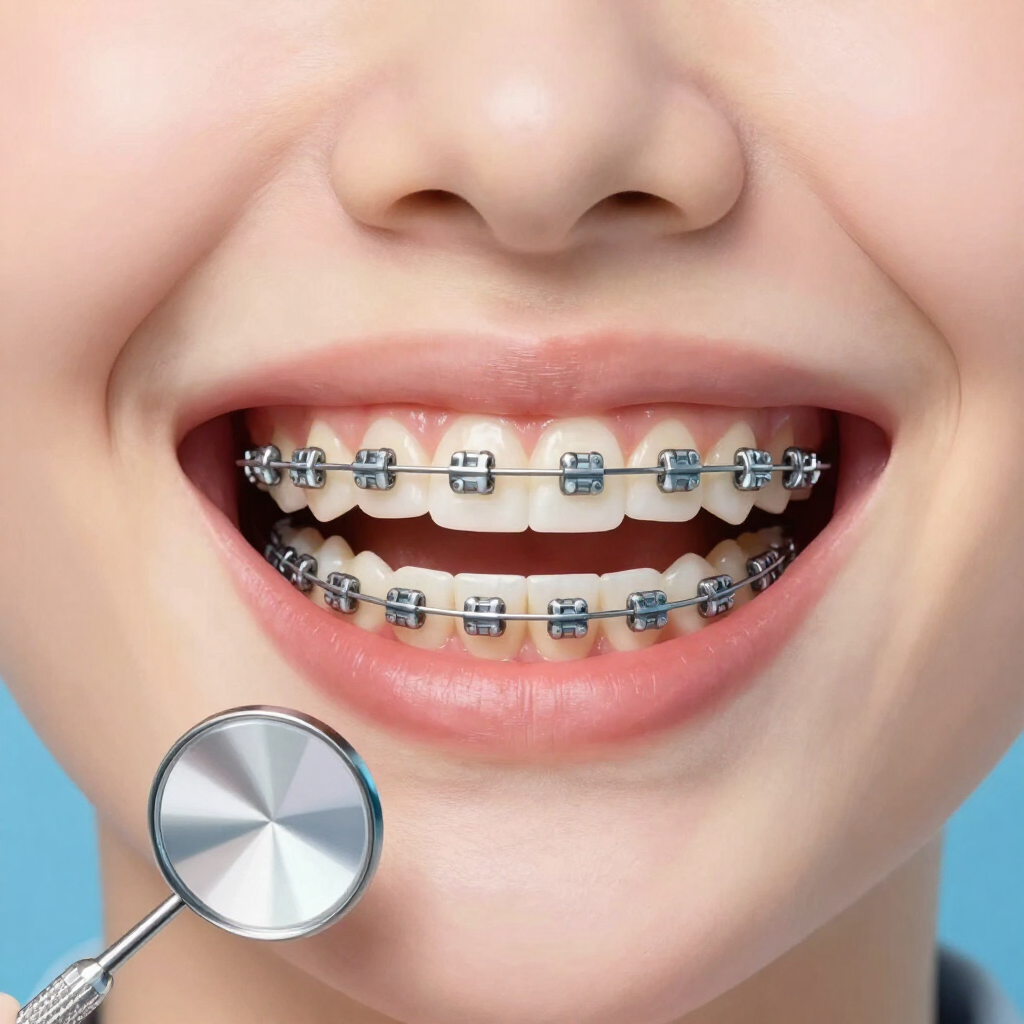 Primer plano de una boca sonriente con brackets metálicos y un espejo dental
