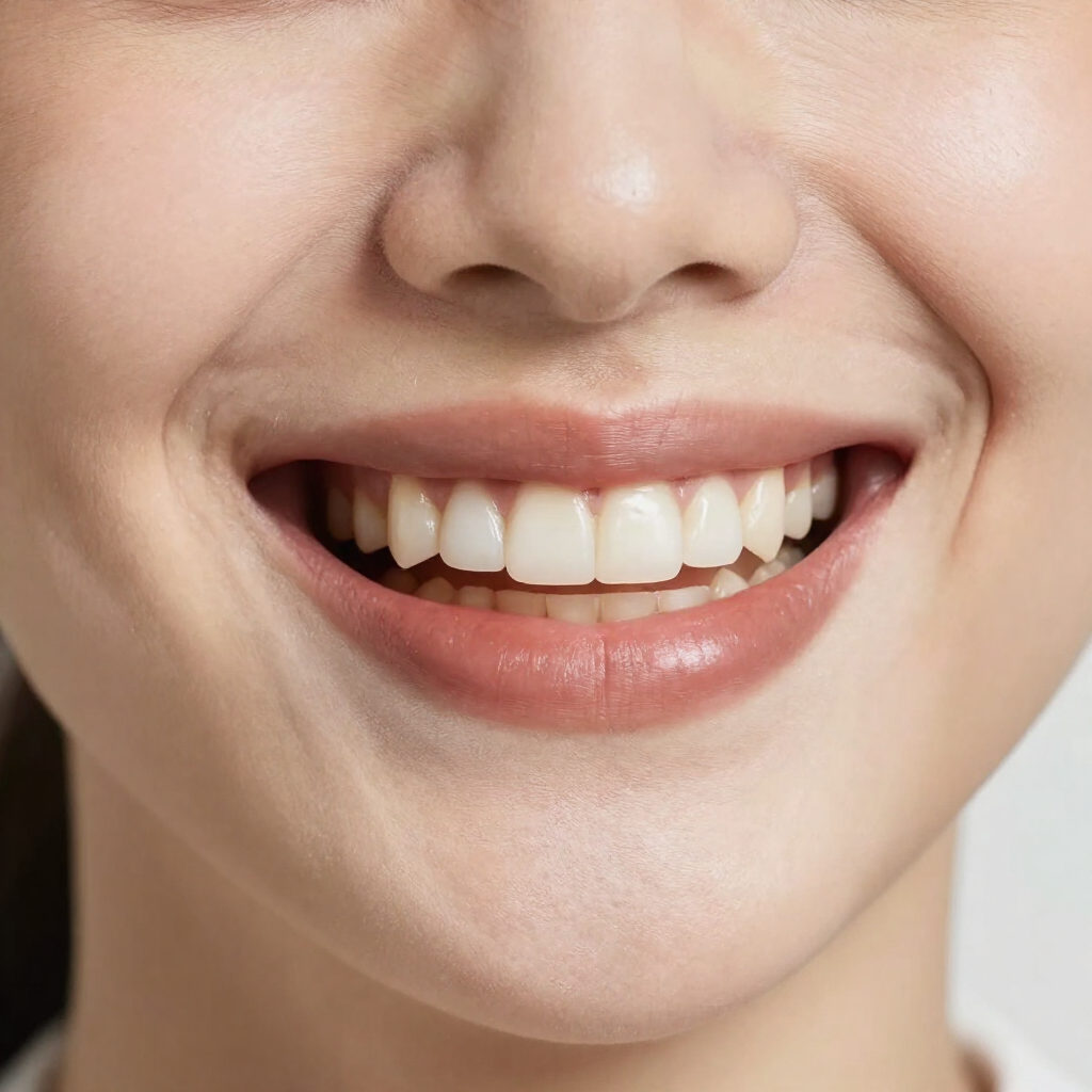 Primer plano de una boca sonriente, con dientes blancos y labios rosados y brillantes