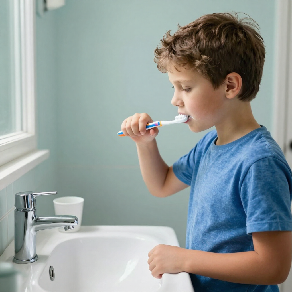 Niño cepillándose los dientes en el lavabo junto a una ventana