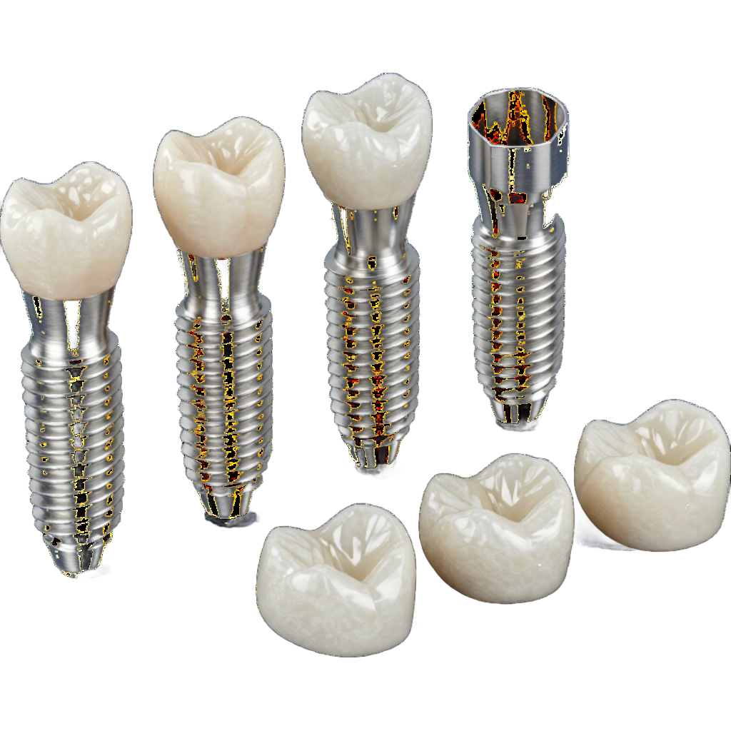 Implantes dentales con coronas y coronas dentales individuales sobre fondo blanco