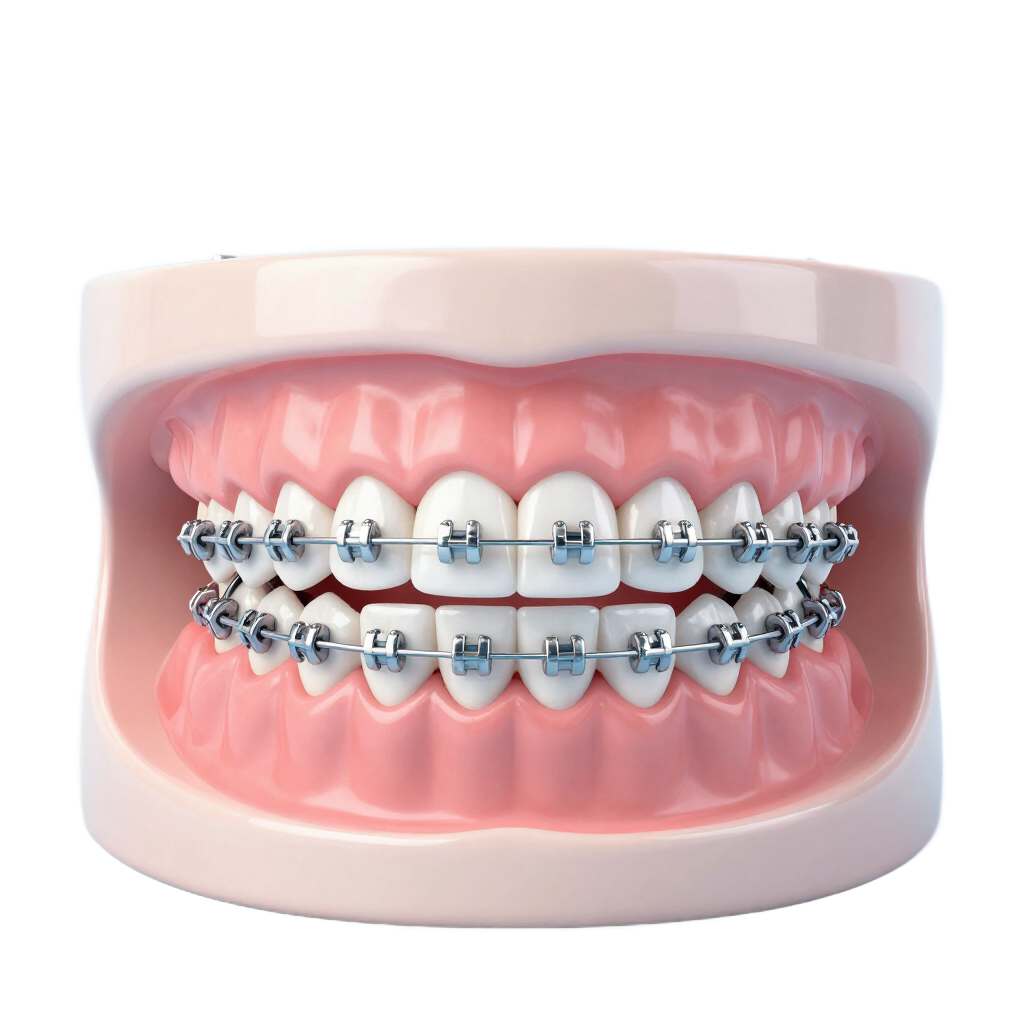 Modelo de dientes con brackets metálicos sobre encías y labios rosados