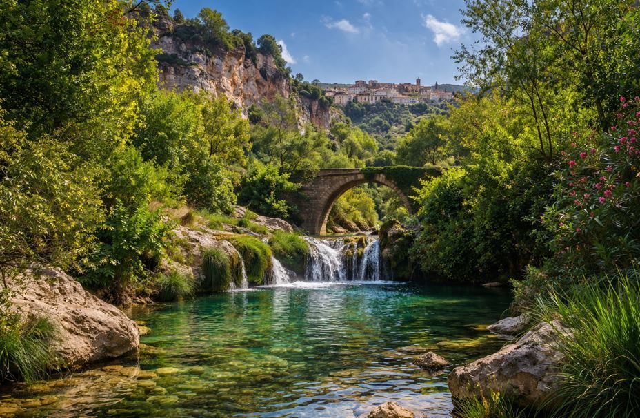 Un paisaje exuberante con una poza de color turquesa, una 