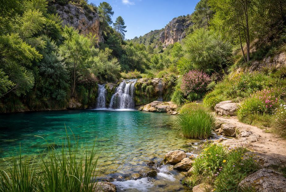 Una pequeña cascada de dos niveles cae en una poza de agua 