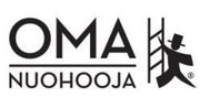 OMA NUOHOOJA -logo mustalla tekstillä ja nuohoojahahmo tikkaiden vieressä