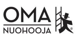 OMA NUOHOOJA -logo mustalla tekstillä ja nuohoojahahmo tikkaiden vieressä