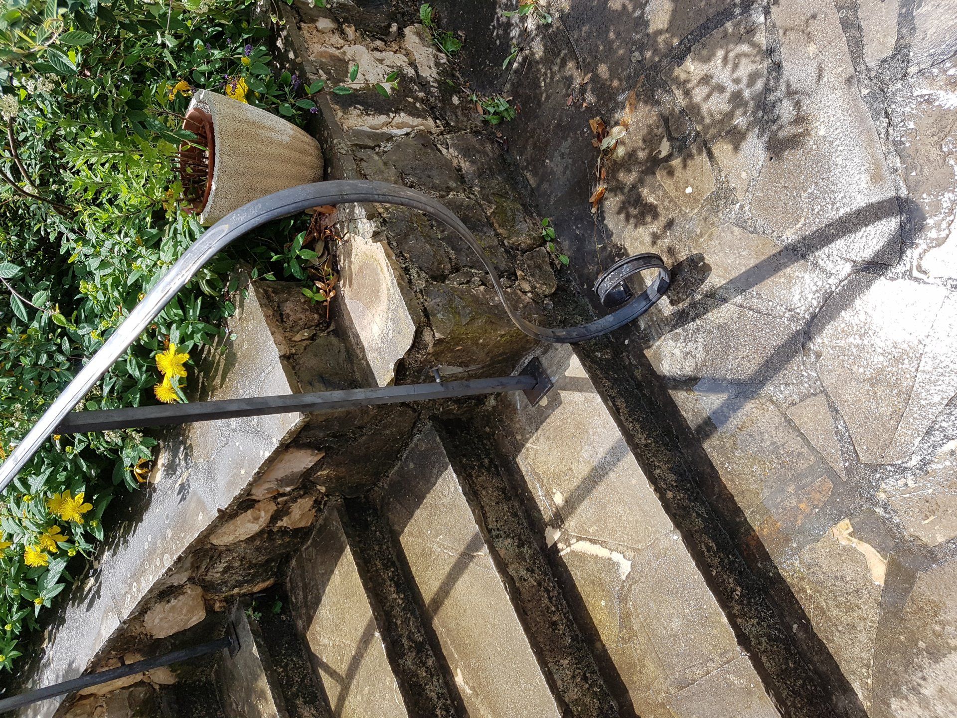 Rambarde et marches en métal noir bordant un chemin de jardin ensoleillé, avec des fleurs jaunes et une bordure en pierre.
