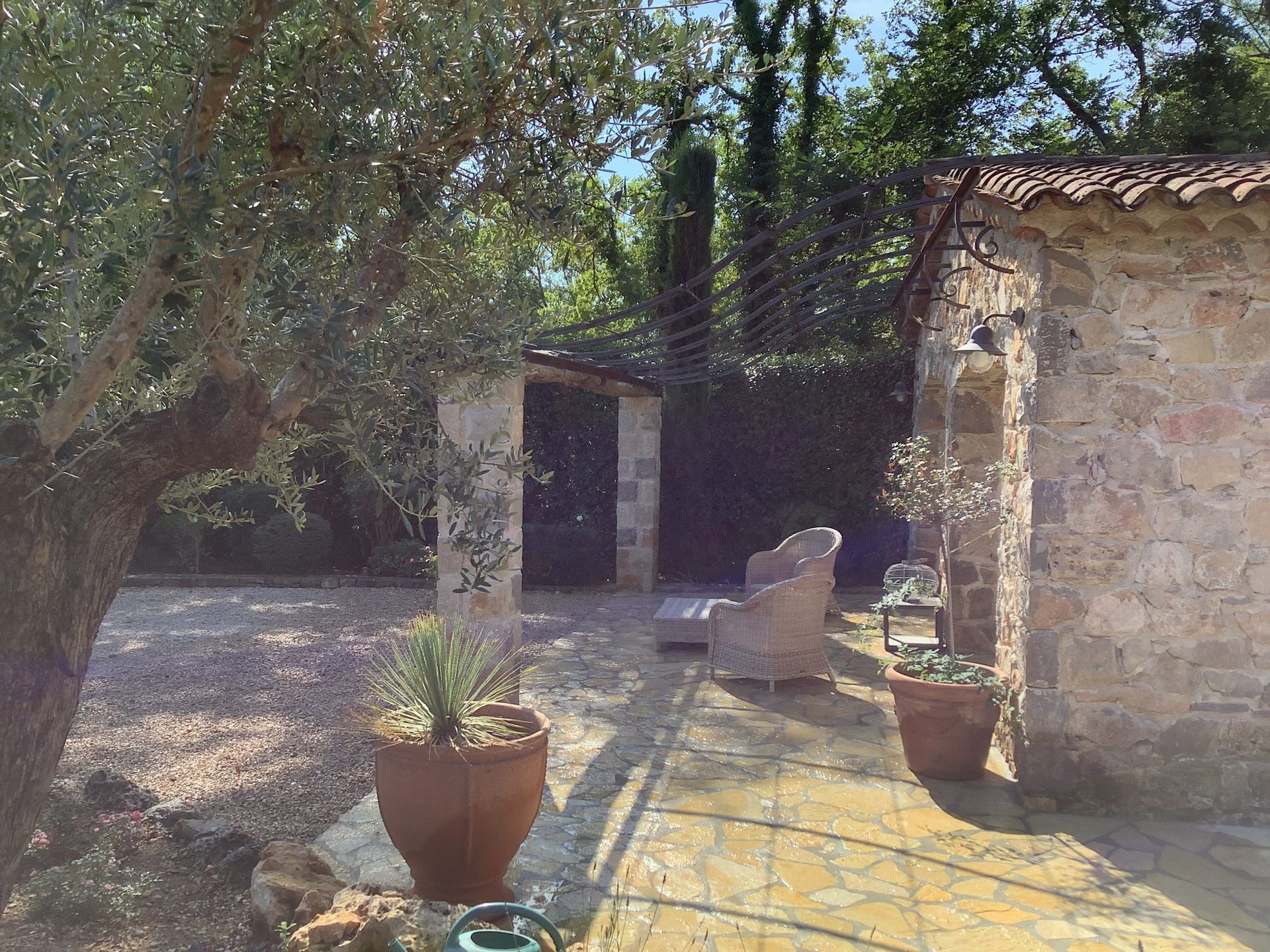 Cour pavée ensoleillée avec plantes en pot, une arche ombragée et un bâtiment rustique