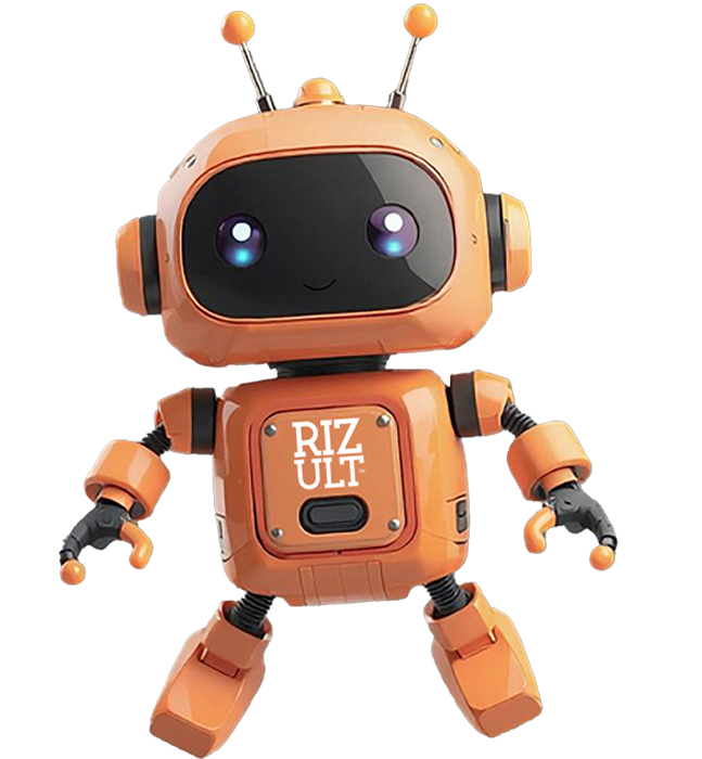 An orange robot with the word riz ult on it