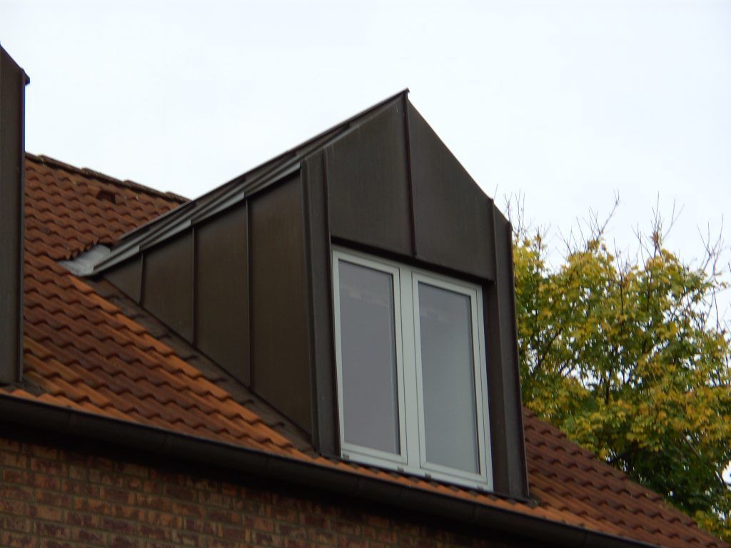 Gaubenfenster mit weißem Rahmen in braunem Dachaufbau auf rotem Ziegeldach, im Hintergrund Bäume mit herbstlichem Laub.