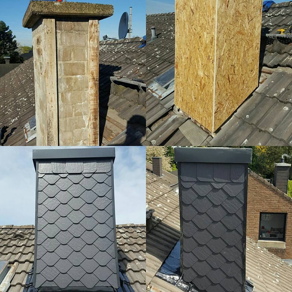 Vier Fotos zeigen den Umbau eines Schornsteins auf einem Dach: unbearbeiteter Stein, Verkleidung mit Holzplatten